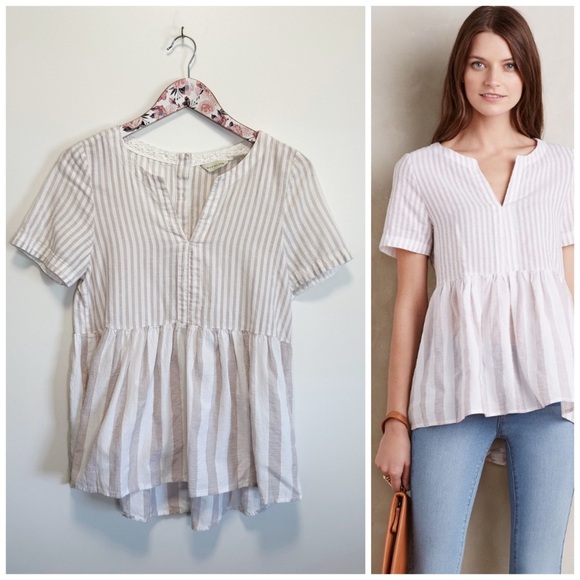 Anthropologie 11 TYLHO Vintage Stripe Peplum Blouse Top Tan Cream S Small - Picture 1 of 9